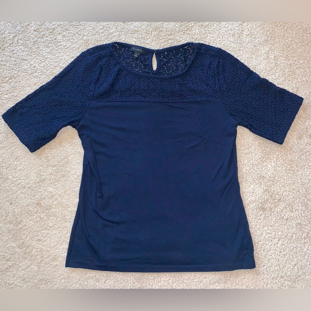 Talbots navy floral lace top
